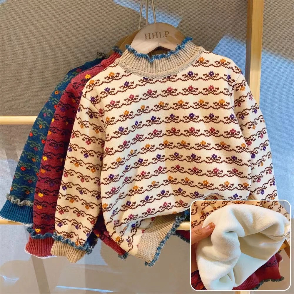 女童复古花朵半高领木耳包边加绒针织毛衣2025冬装韩版秋冬套头