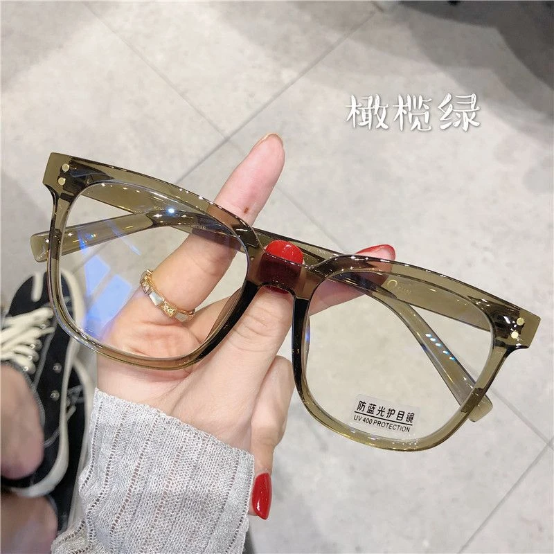 防蓝光女韩版潮大框平光近视眼镜架网红款橄榄绿可配度数大脸显瘦