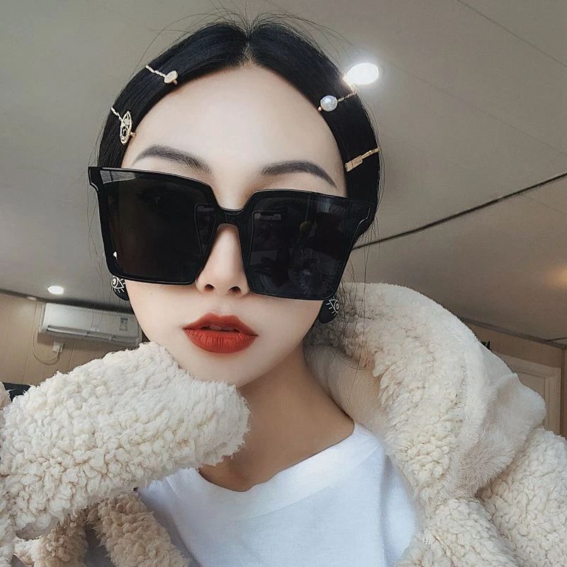 网红款超大框方形墨镜女圆脸复古黑色框韩版百搭太阳镜防紫外线潮