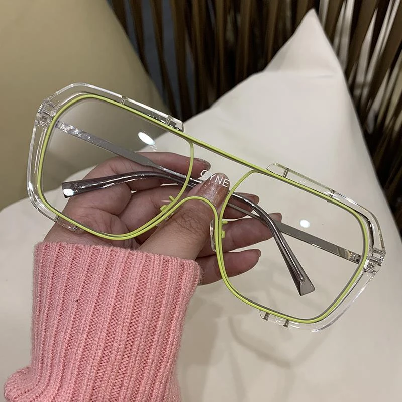 黄色超酷一体连框防蓝光男女网红2021新款潮透明眼镜网红情侣眼镜