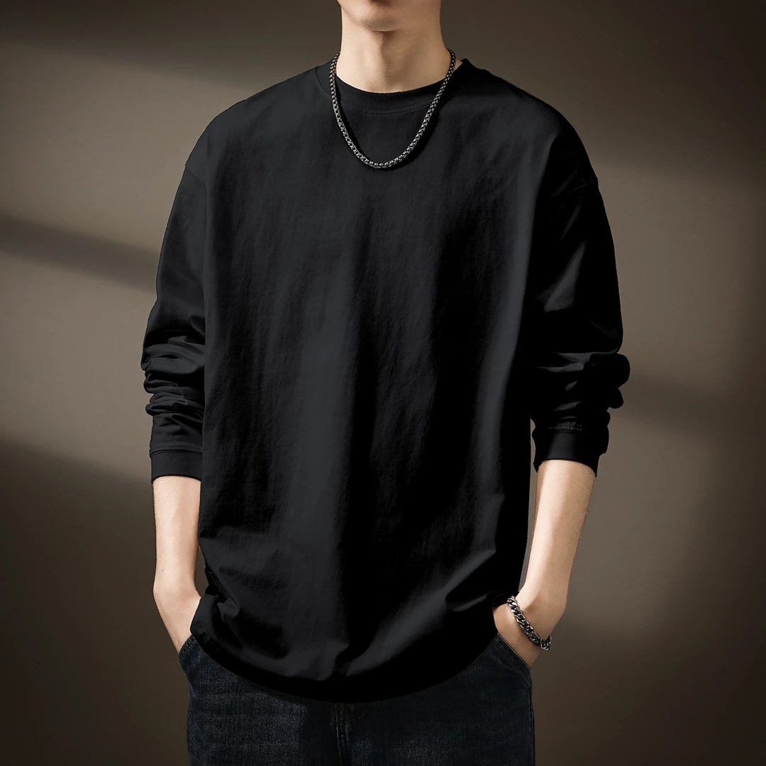 高端白色纯棉长袖t恤男宽松潮牌2025春秋新款圆领大码全棉打底衫T