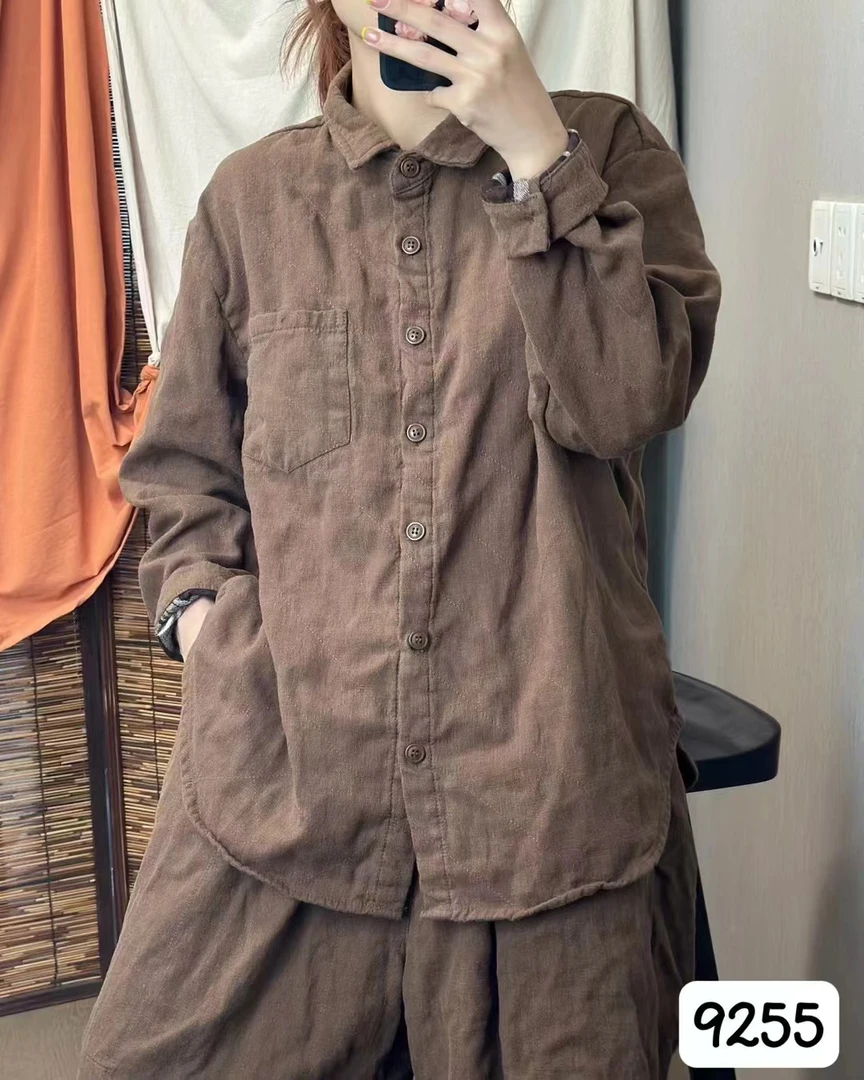 9255砂洗汗麻衬衫双层保暖衬衫