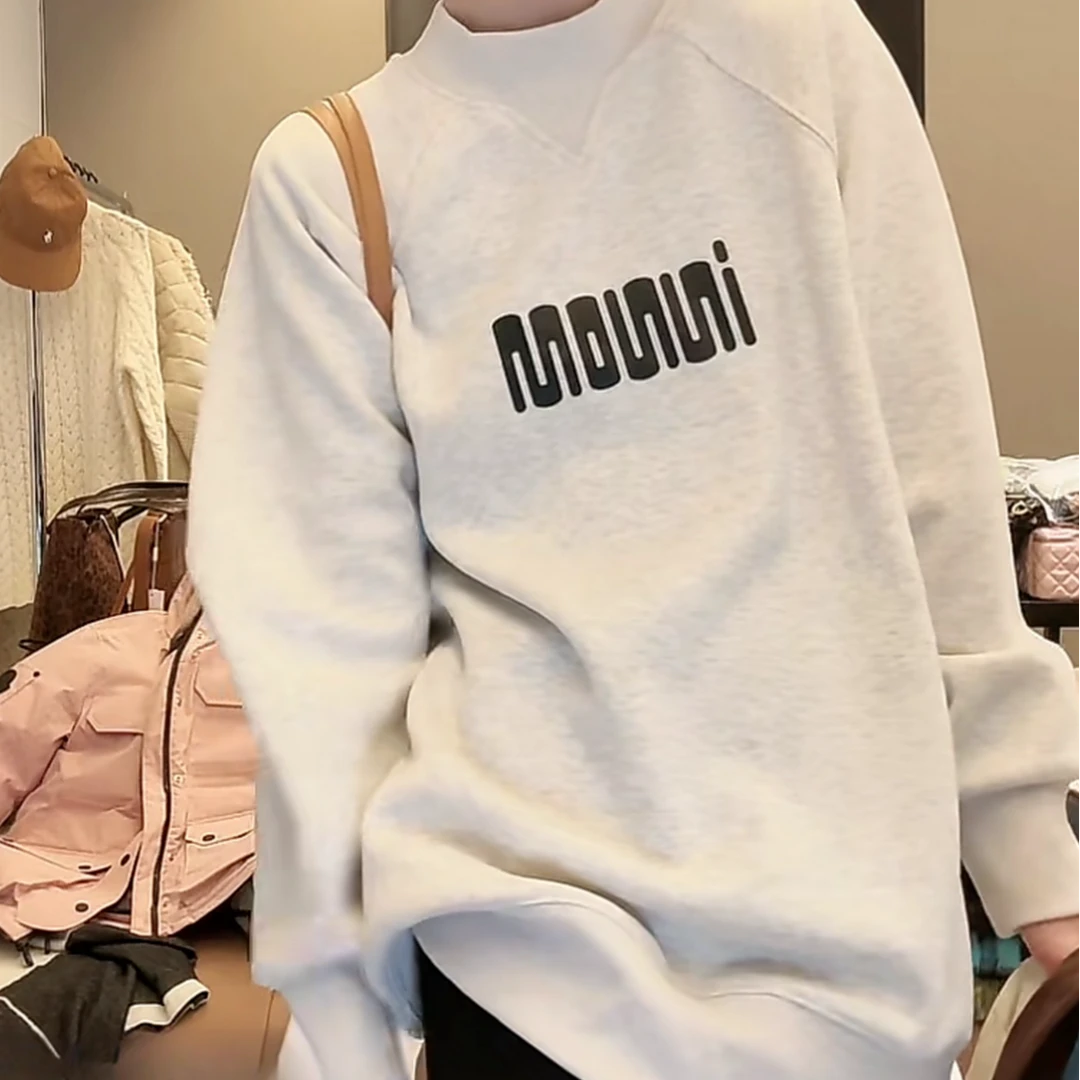 羊羔绒卫衣加绒加厚设计感时尚休闲圆领冬季2024新款字母灰色上衣