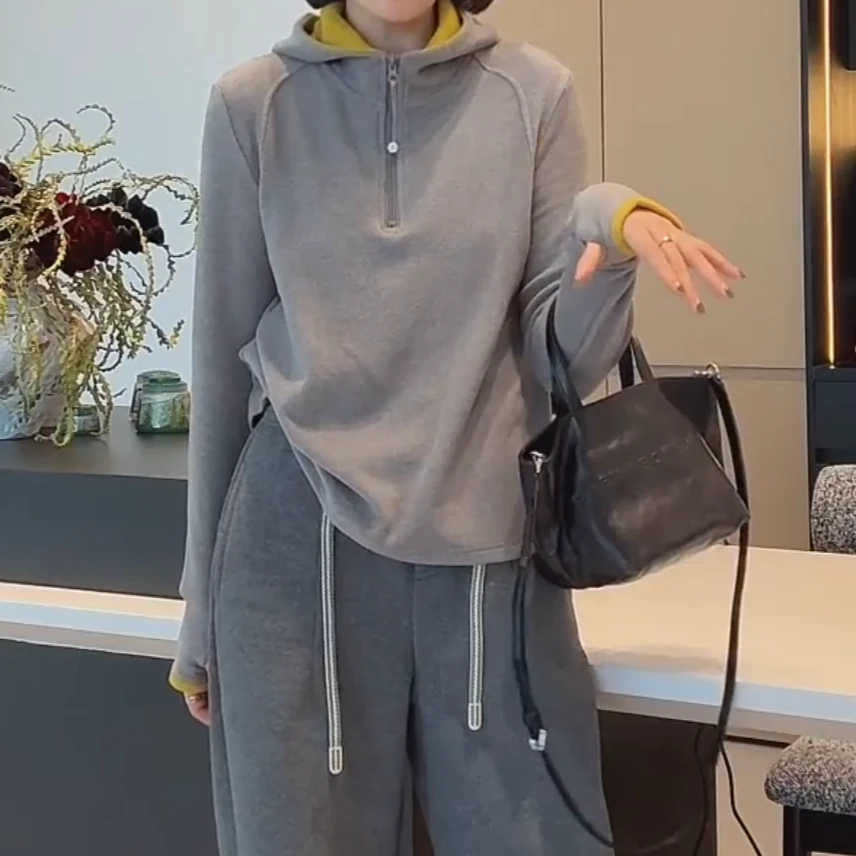 设计感半拉链双面绒加厚连帽卫衣女秋冬叠穿修身显瘦撞色拼接上衣