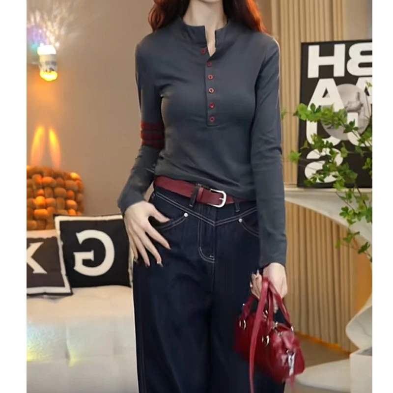 设计感撞色纽扣套头加绒长袖T恤女秋冬季洋气显瘦半高领打底上衣