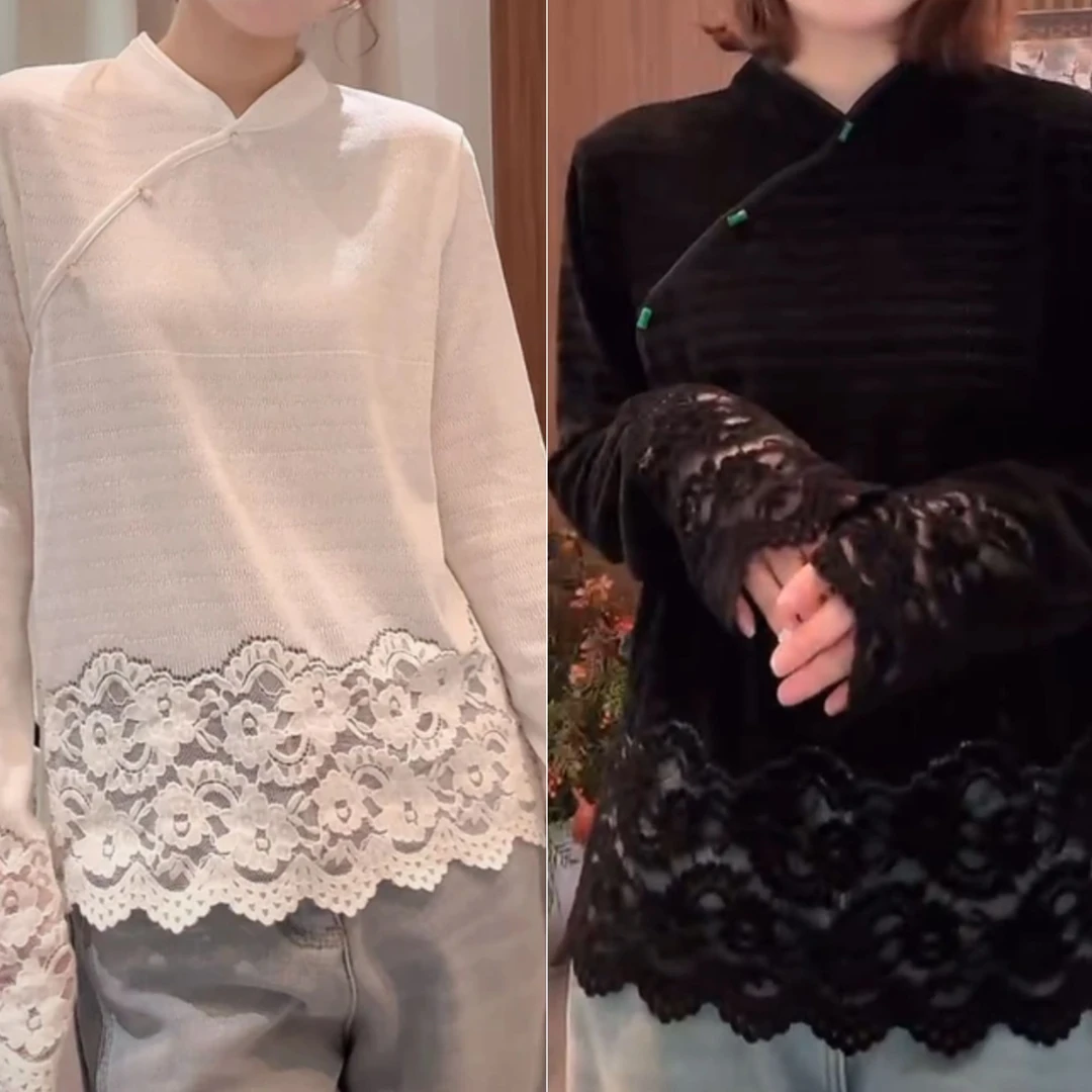 设计感中式斜盘扣拼接蕾丝边长袖T恤女秋冬气质时尚立领内搭上衣