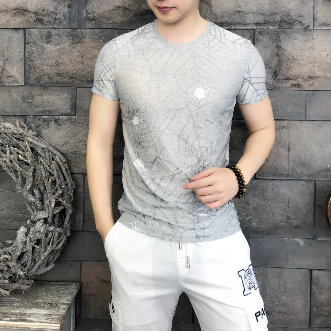 男士圆领t恤夏季韩版修身薄款短袖冰爽滑料潮流新款男装提花上衣