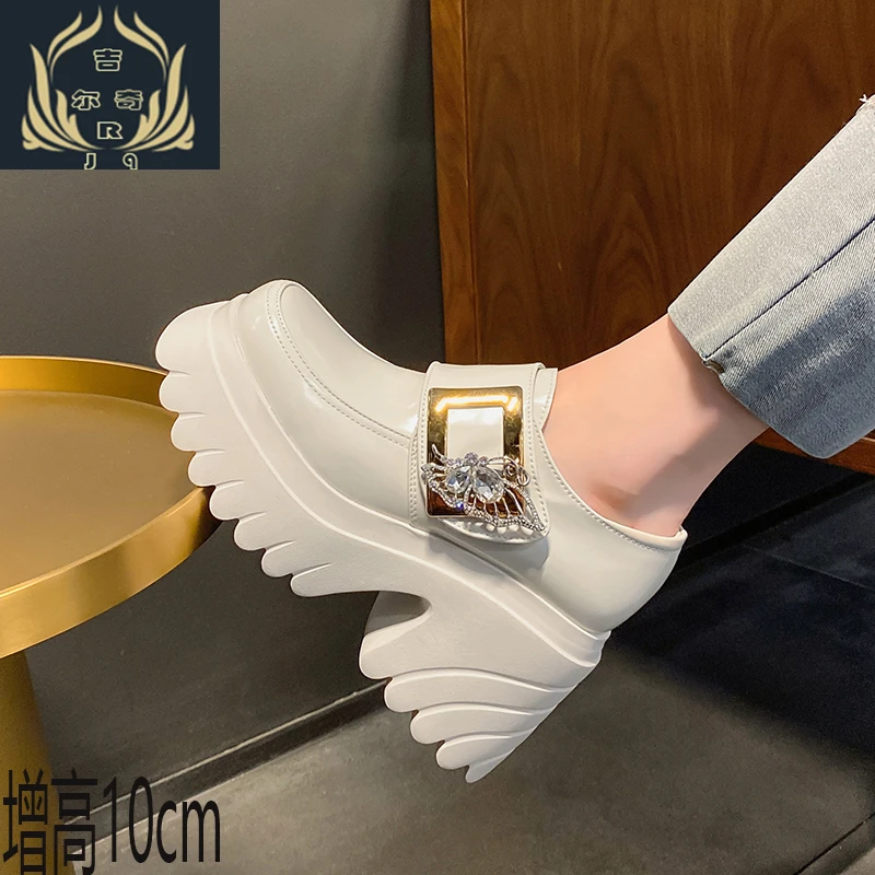 2024春季新款粗跟小个子女鞋10cm轻便增高小白鞋真皮高跟单鞋女