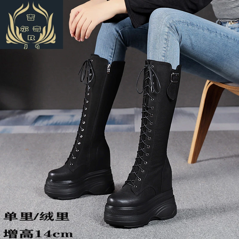 2022秋冬新款14cm超高跟真皮小个子长筒马丁靴女欧美厚底休闲单靴
