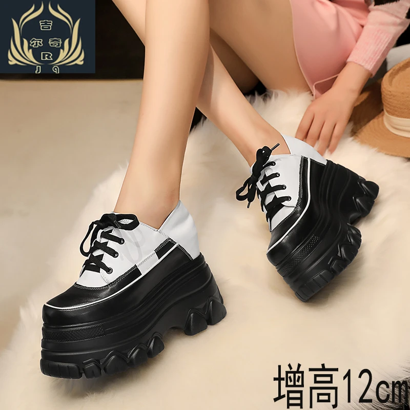 2023秋季新款12cm厚底内增高拼色单鞋女松糕底真皮拖鞋两穿女单鞋
