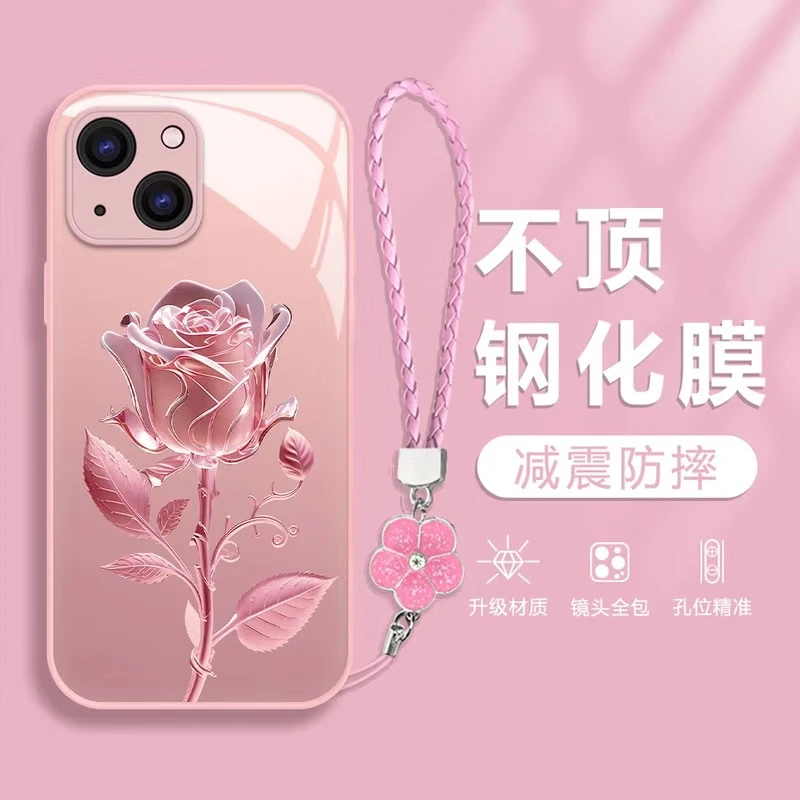 粉色玫瑰适用苹果15手机壳新款Iphone14pro玻璃壳时尚13网红女款
