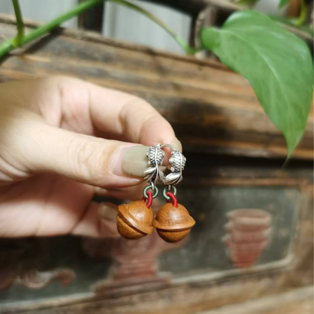 925银木质耳饰 茶语-金鱼耳挂木质小铃铛