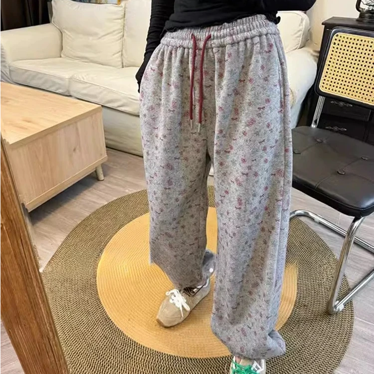 2025新韩版休闲百搭抽绳松紧腰复古小碎花（薄款/加绒）女士卫裤