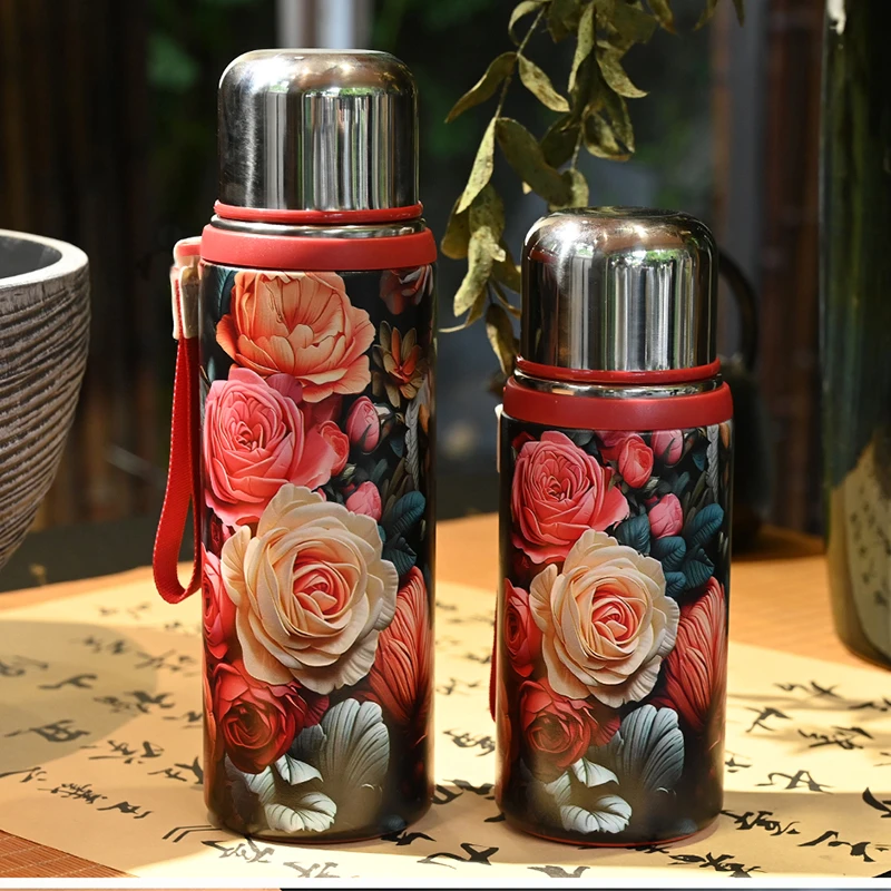 色丽雅316轻奢精致真空保温杯女士户外车载大容量牡丹不锈钢水杯