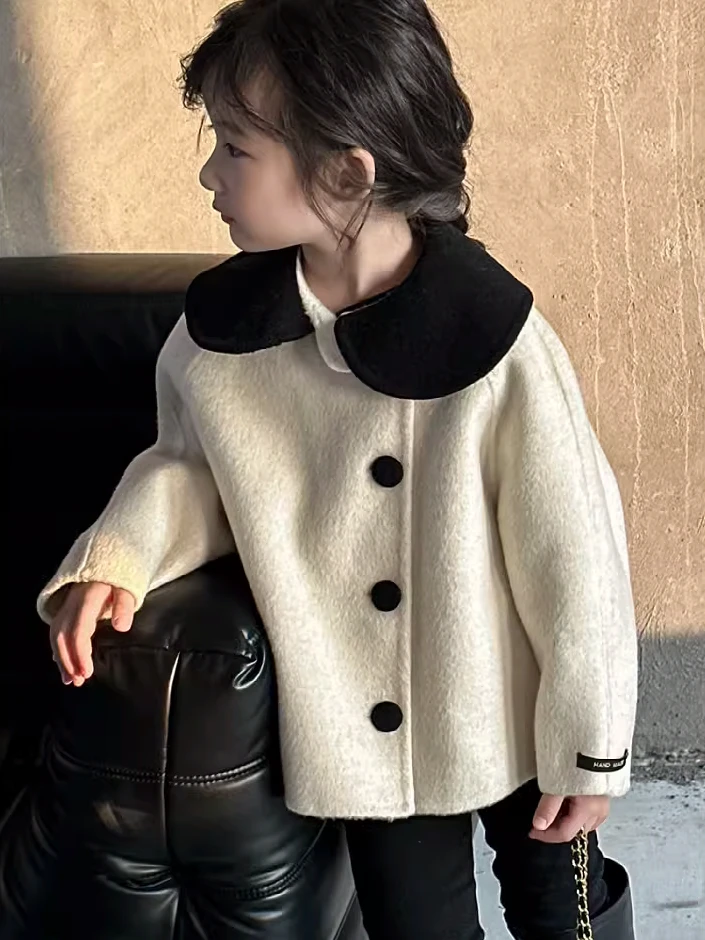 韩国童装女童小香风呢大衣2023秋冬新款娃娃领时尚女宝宝毛呢外套