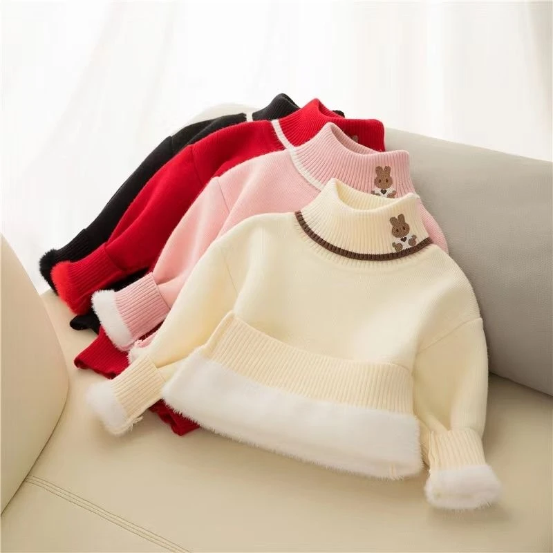 2023秋冬新款一体绒加厚洋气男女童高领加绒针织衫打底衫