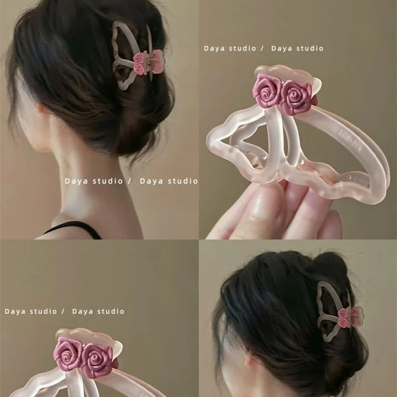 玫瑰与蝴蝶之间～超仙法式复古亚克力镂空花朵抓夹小众气质鲨鱼夹