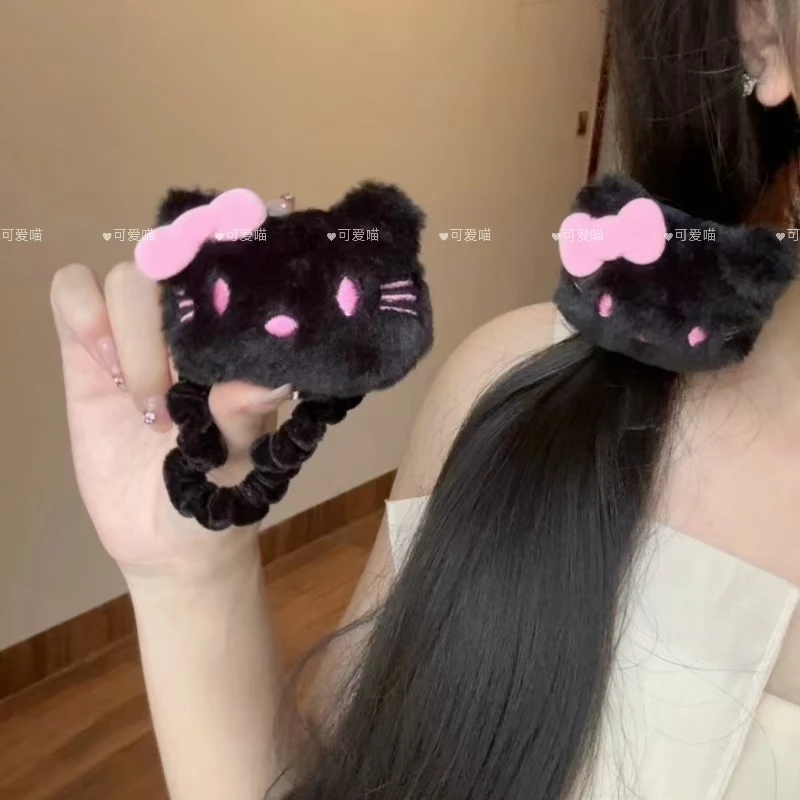 Black pink黑粉配色毛绒Kitty发圈发绳发饰甜美可爱粉色蝴蝶结