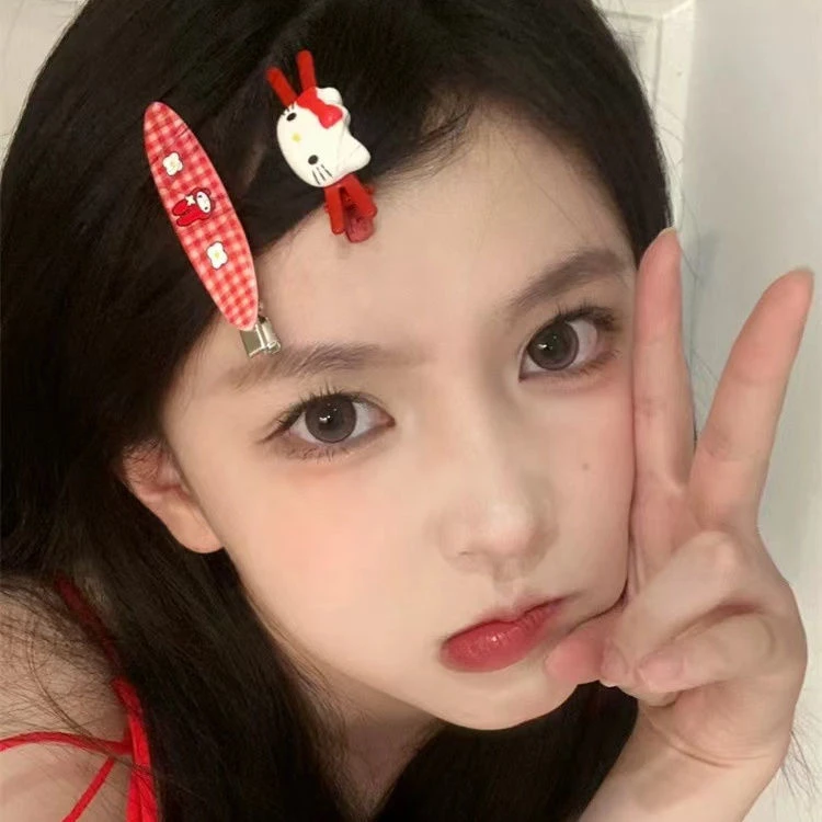 可爱卡通红色交叉小猫发夹女侧边刘海碎发卡子少女心kitty头饰品