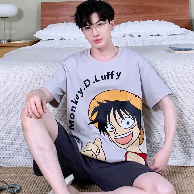 睡衣男士纯棉卡通青年短袖夏季大码休闲圆领薄款学生男家居服套装