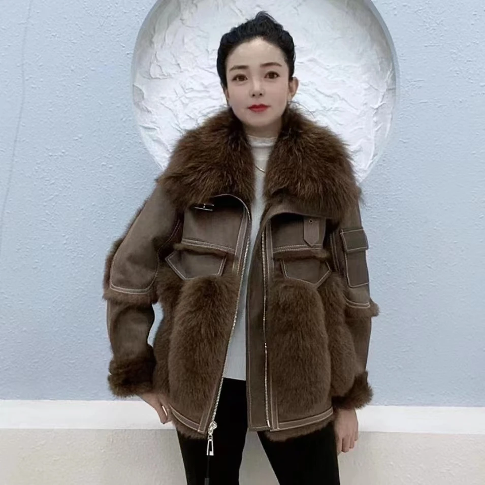 【正西盛】爆款时尚气质女外套百搭加厚设计师真皮冬季网红休闲