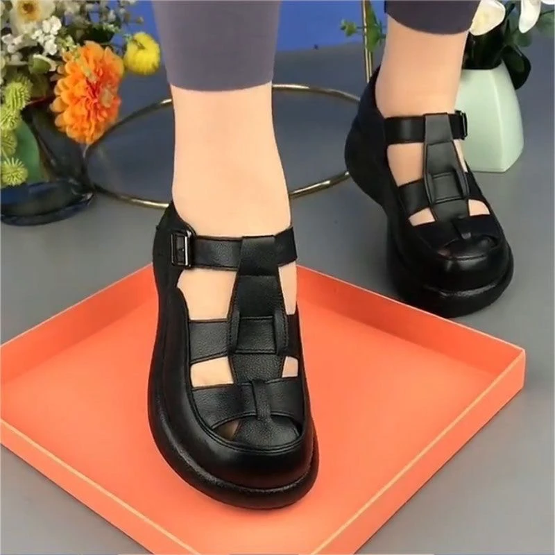 断码真皮软底2024年松糕夏季新款厚底透气编织罗马凉鞋镂空洞洞鞋