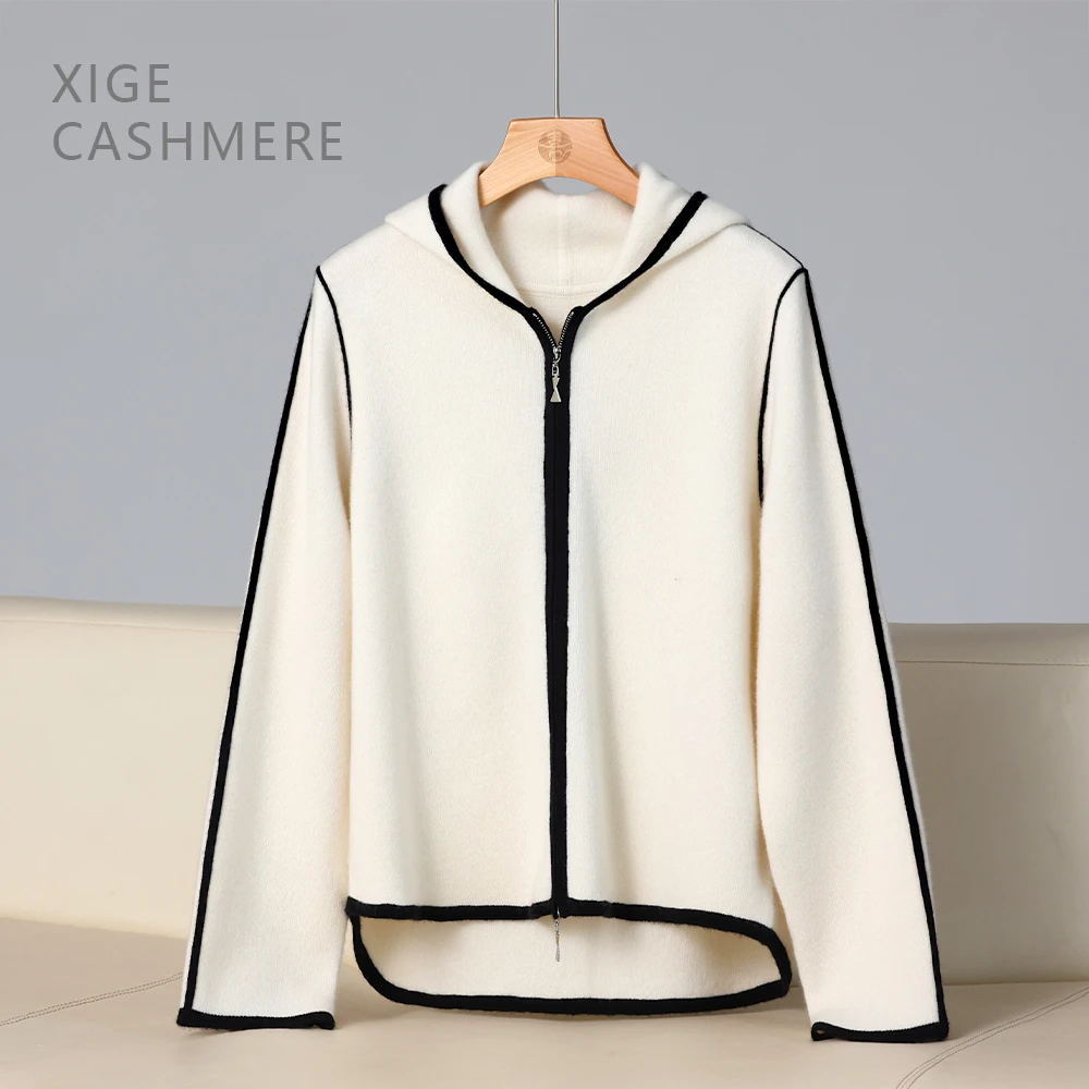 坠月【悠闲派】喜歌 100山羊绒加厚撞色时尚连帽针织开衫 7755