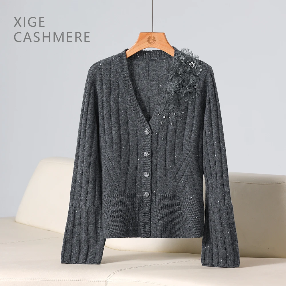 烟花【显瘦骑士】喜歌羊绒 时尚设计感V领轻奢羊绒女士开衫 7596