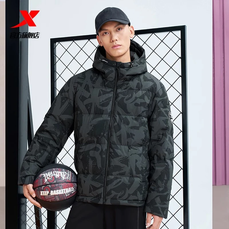 特步男士鸭绒加厚保暖连帽羽绒服冬季新款男子御寒运动外套