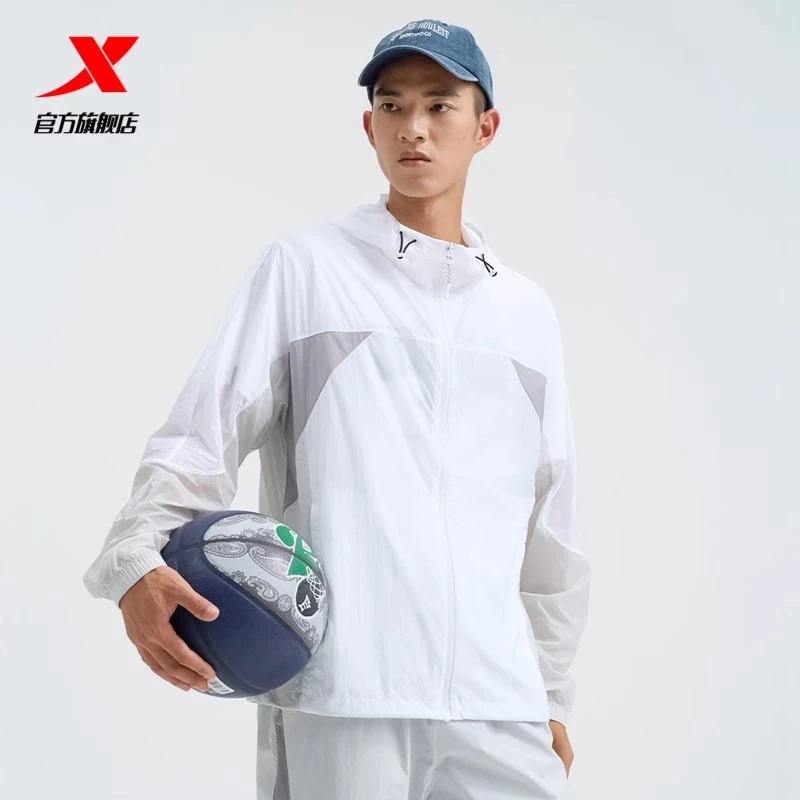 特步单风衣男夏季新款梭织宽松撞色连帽外套薄款防晒衣