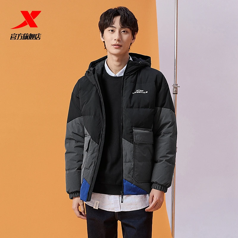 特步男装加厚保暖连帽羽绒服冬季新款男子时尚百搭运动外套