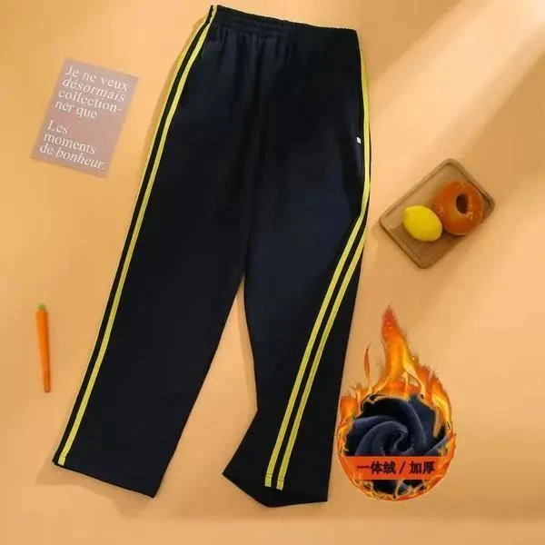 加绒加厚藏蓝色双黄条校服裤宽松运动裤直筒加肥初高中小学生校裤