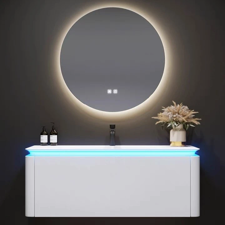 橡木烤漆设计师现代简约岩板无缝盆一体浴室柜组合脸手漱台悬挂式