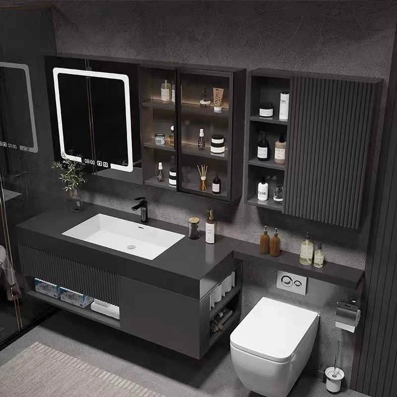 岩板一体无缝盆浴室柜组合延长台面马桶置物现代卫浴柜漱台轻奢