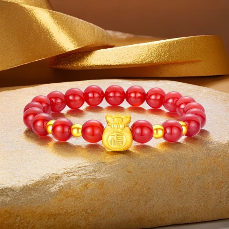 足金福袋+足金古法金珠卡四4颗搭玉 髓时尚手串随机发货