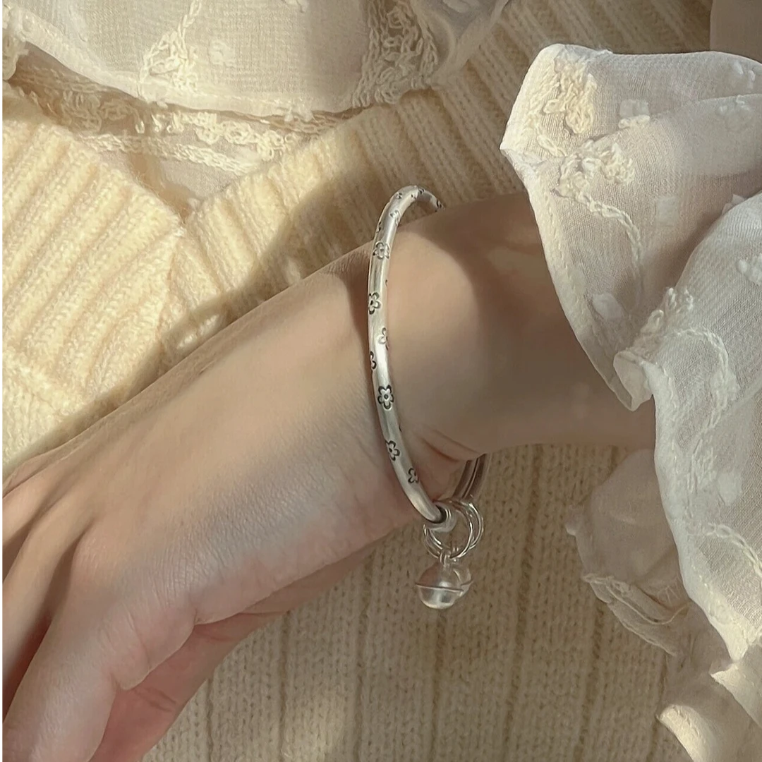 足银手镯 梅花新中式足银手镯女纯银999实心古风简约银镯子送女友