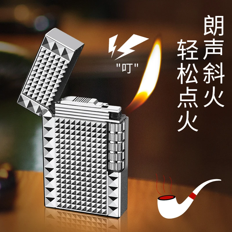 新款朗声钢音侧滑砂轮充气打火机斜火男士高档个性创意潮流打火机