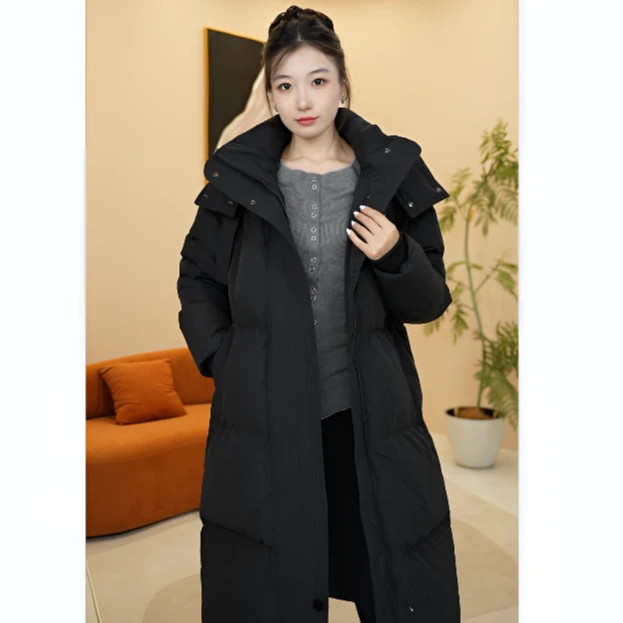 韩版百搭连帽中长款羽绒服女时尚休闲加厚保暖冬季红色过膝显瘦