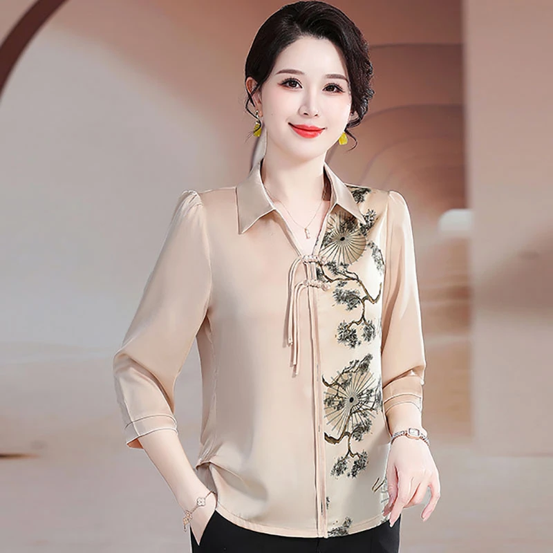 母亲节妈妈夏装中袖衬衫T恤上衣中老年女装夏季洋气盘扣复古小衫