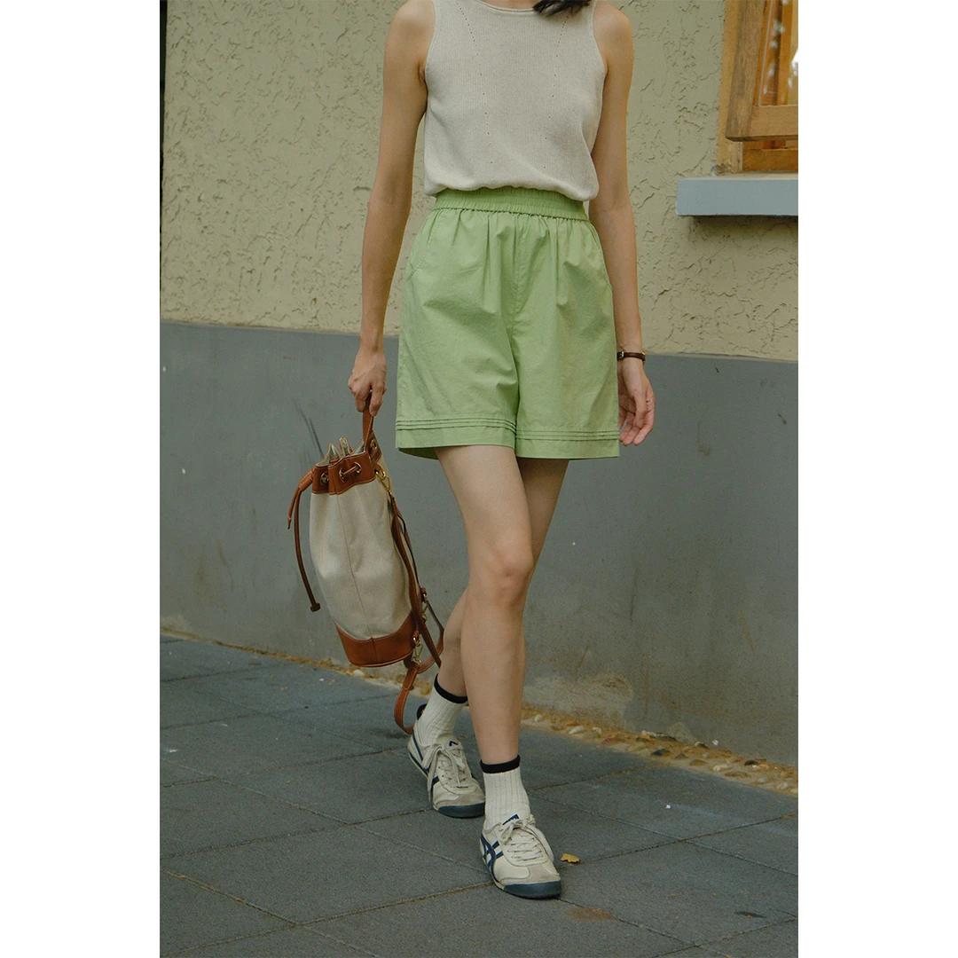 solighter 酵洗精棉绿色休闲女夏款法式复古宽松短裤5G0618K12XX