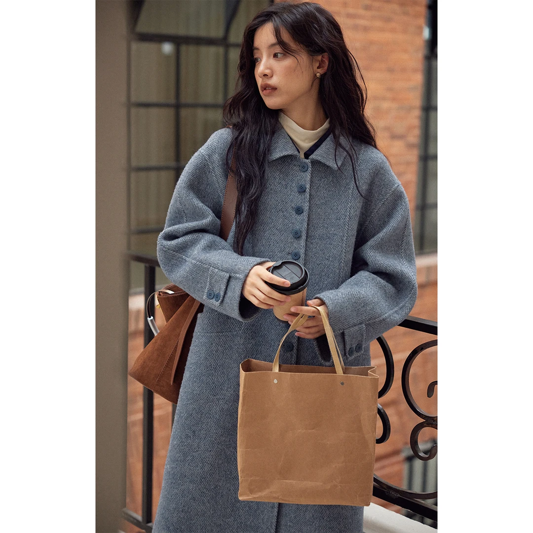 solighter 骆马绒羊毛人字纹双面呢大衣女5H1111D05X3