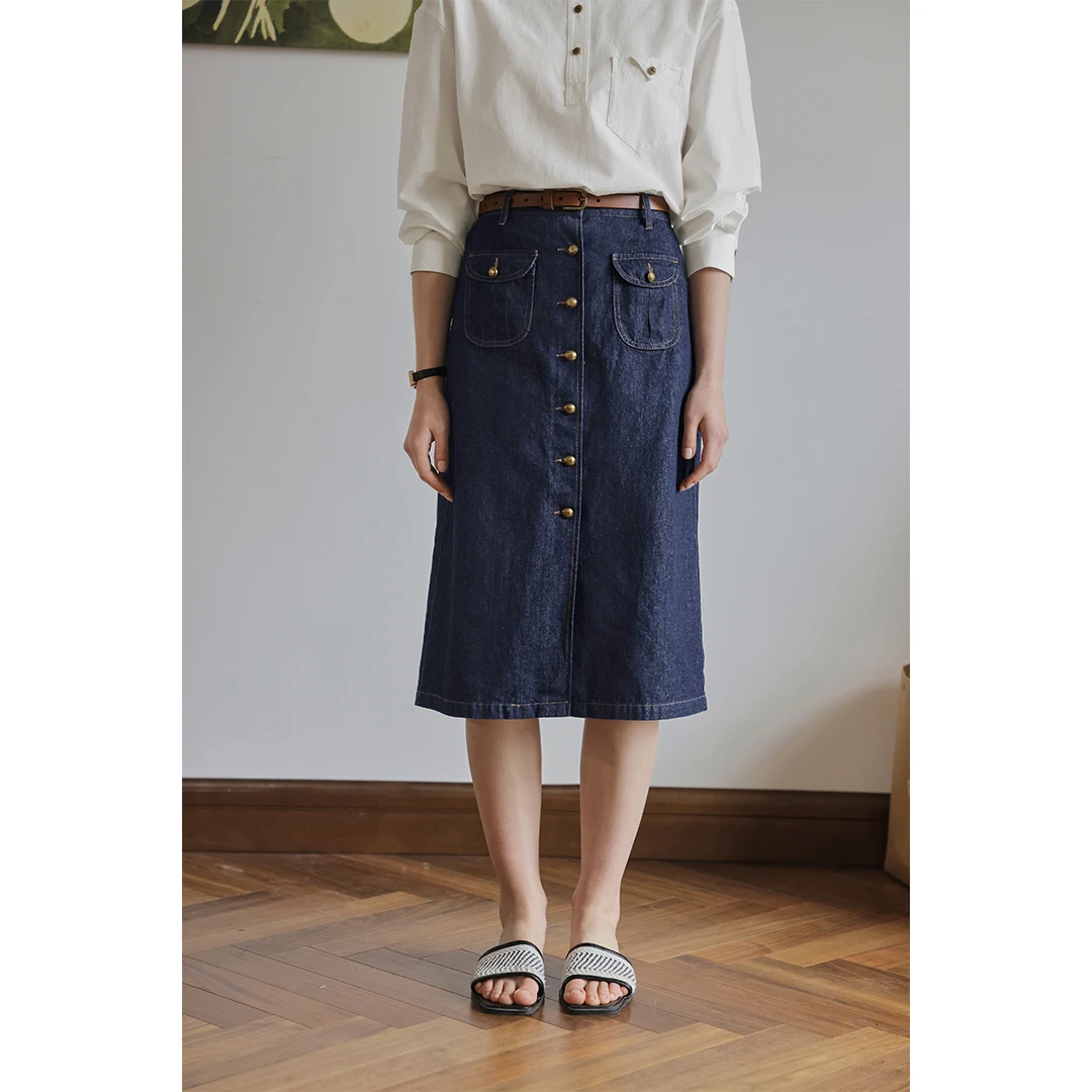 solighter法式复古牛仔半身裙高腰显瘦前开叉中长5G0410Q13XX