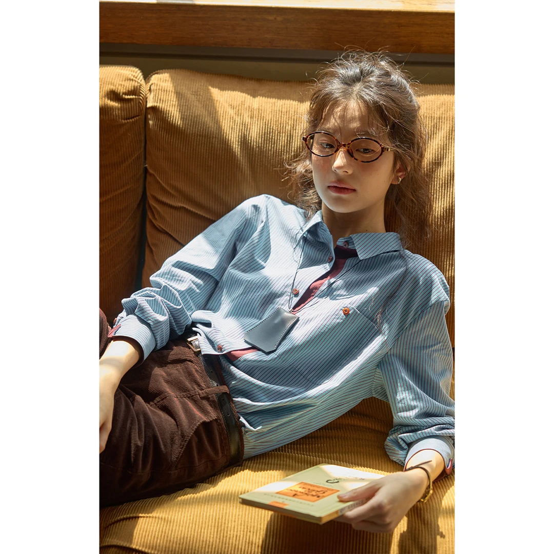 solighter 法式磨毛撞色竖条纹衬衫女秋冬5H1006C01X1