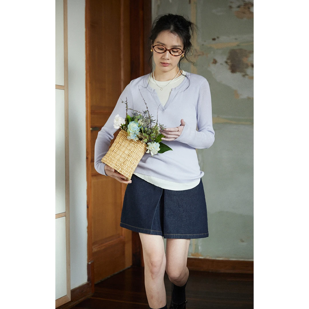 solighter 复古咩毛假两件v领针织衫女5HA224M22XC