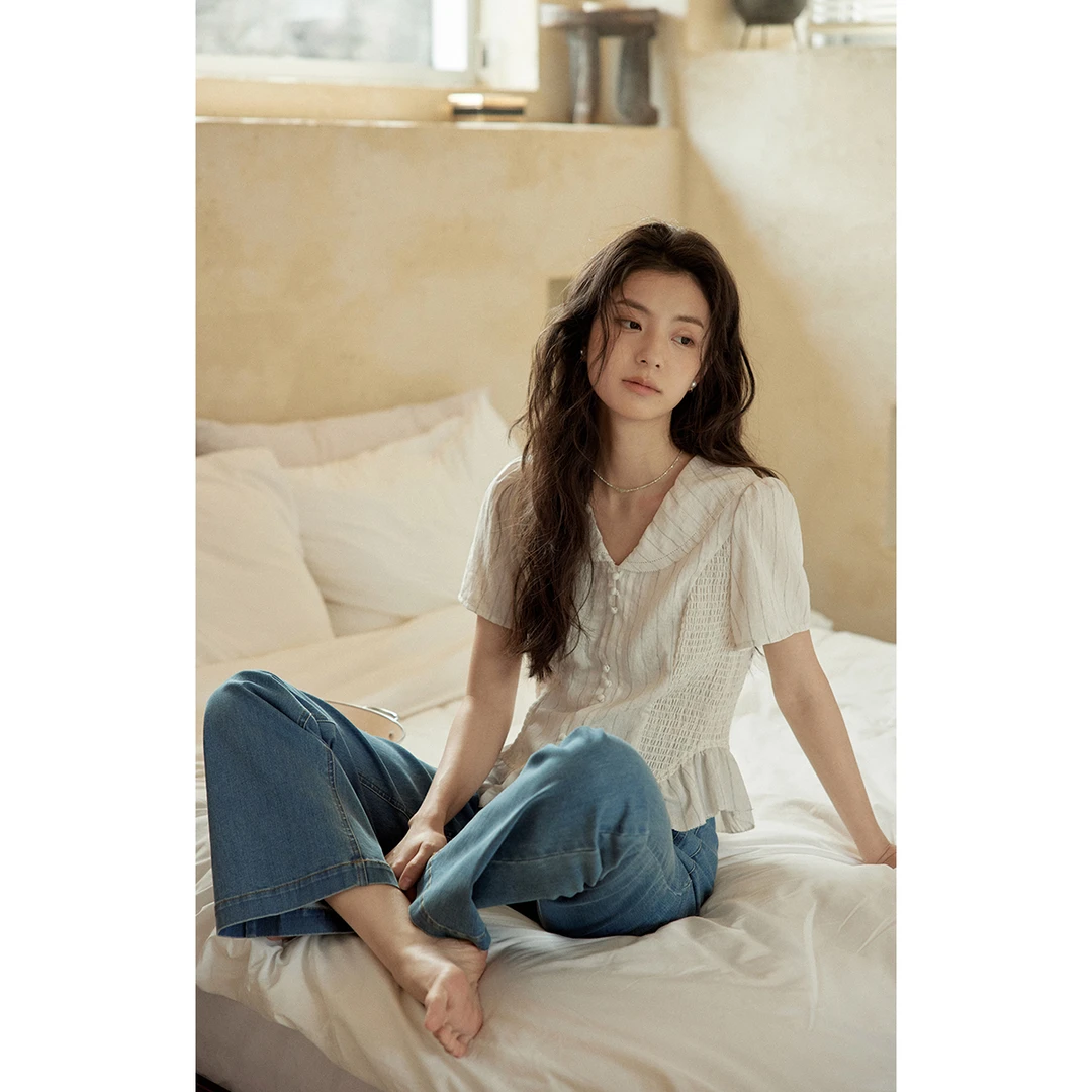 solighter 法式亚麻条纹v领收腰衬衫女夏季5H0618C08XX