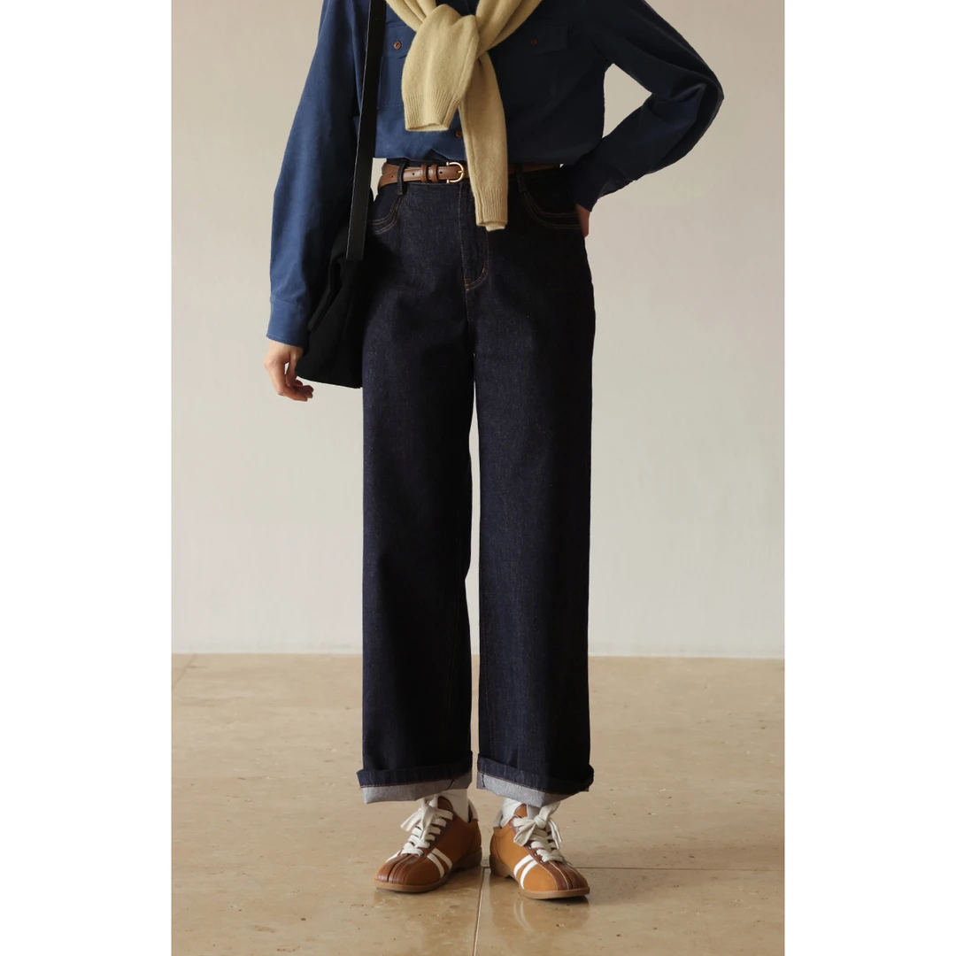 solighter法式复古环保不掉色牛仔裤秋季高腰直筒长裤5G0920K10XD