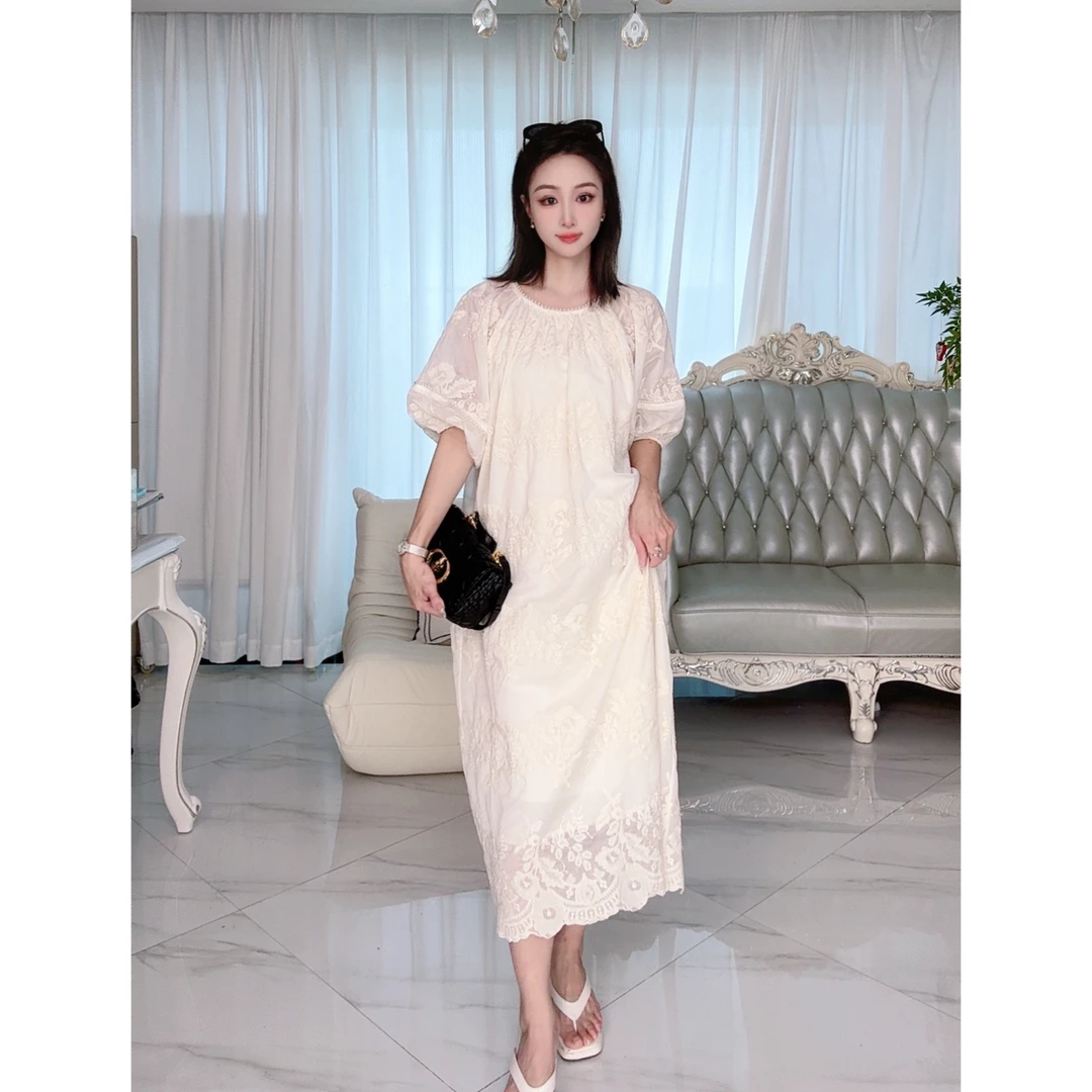 【JY谨颐】小众复古重工钉珠圆领连衣裙女泡泡袖提花刺绣高级感裙子
