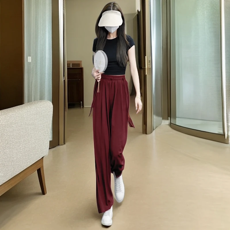 新中式国风盘扣高腰直筒裤女裤休闲显瘦轻薄垂感宽松裤子小个子