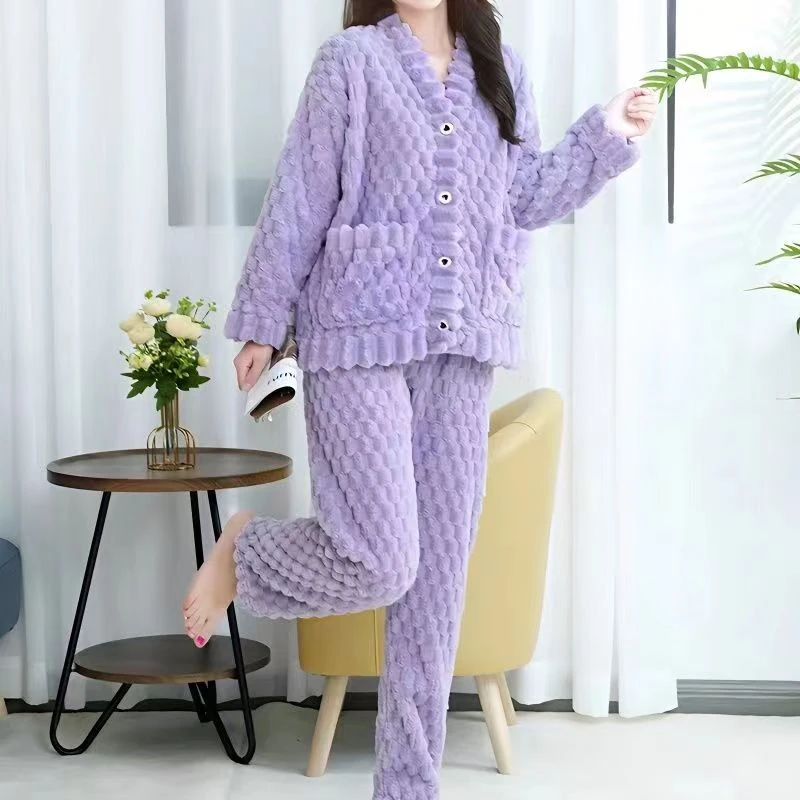 秋冬季紫色加厚女士大码舒适保暖睡衣女套装可外穿家居服