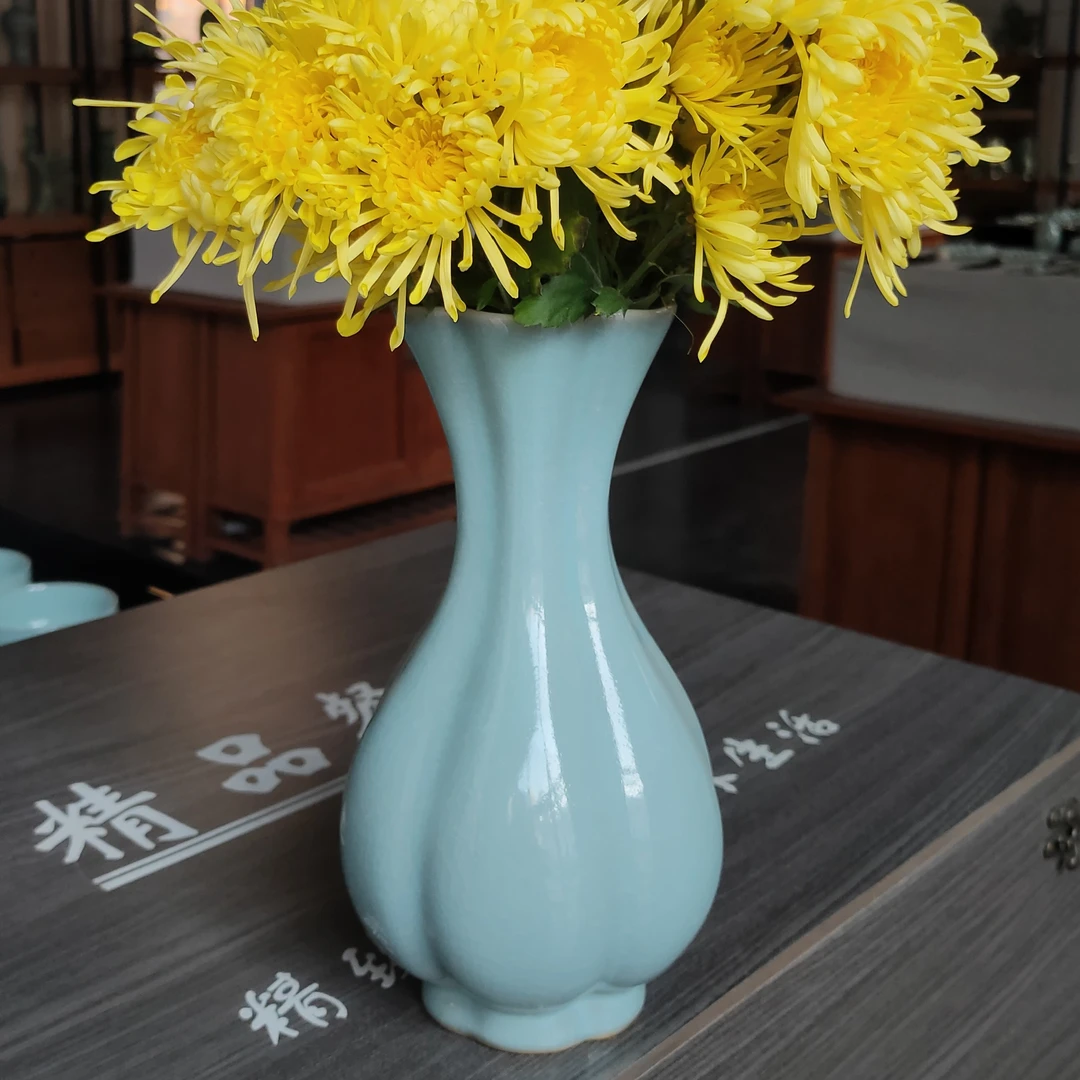 汝窑天青釉海棠瓶刘恩霞花器摆件纯手工